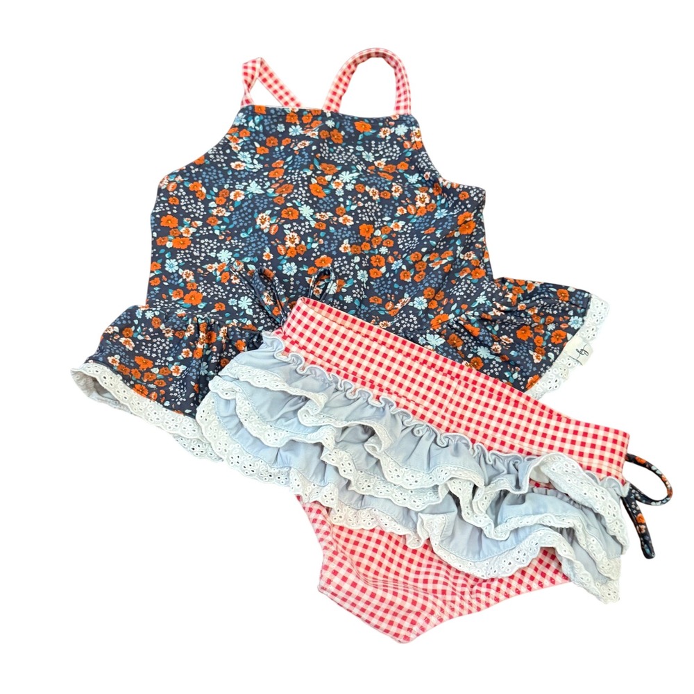 Love & Grow Clothing Co Girls 4T Tankini Swimsuit Eyelet Ruffle Patriotic Beach